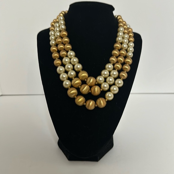 Vintage 1950’s Signed Napier 3 Strand Faux Pearl & Gold Tone Bead Necklace
